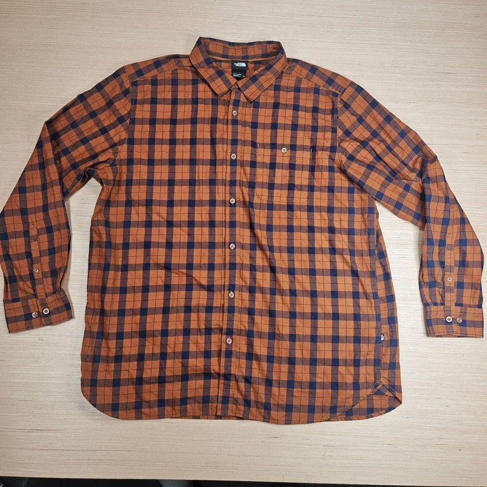 The North Face Button Down Mens XXL Brown Plaid Long Sleeve Outdoor Hiking Shirt